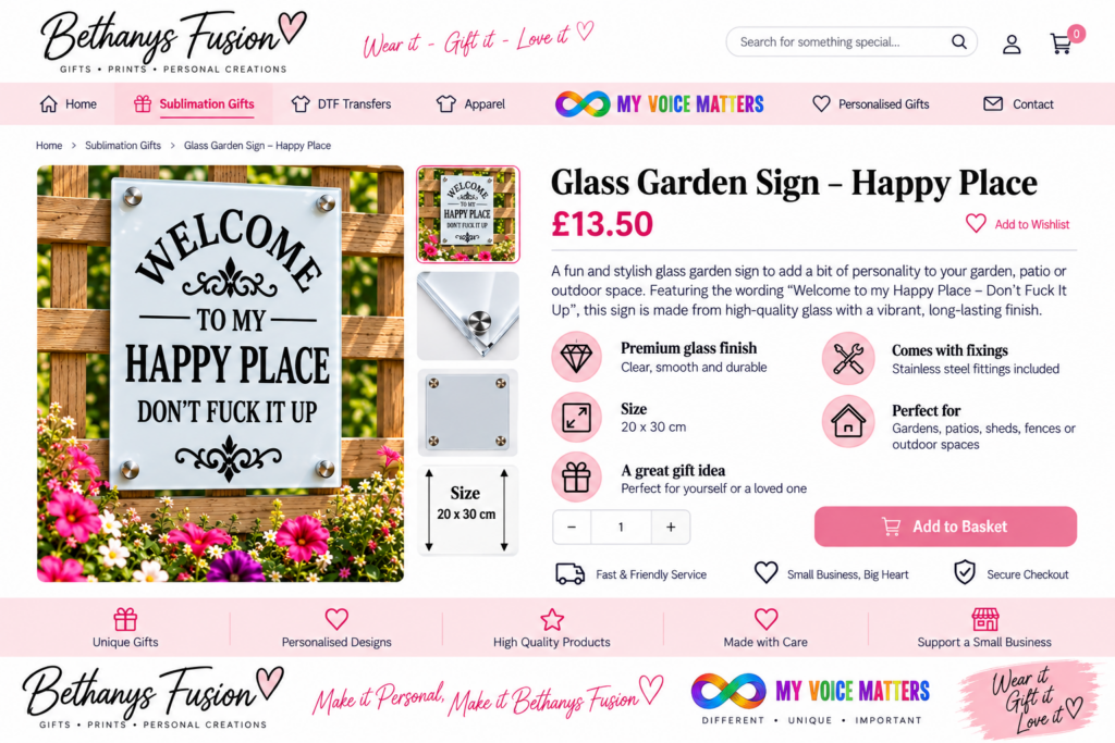 Glass Garden Sign Happy Place, 20 x 30 cm with fixings
