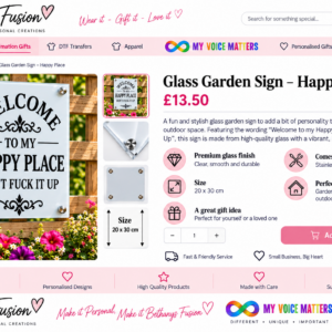 Glass Garden Sign Happy Place, 20 x 30 cm with fixings