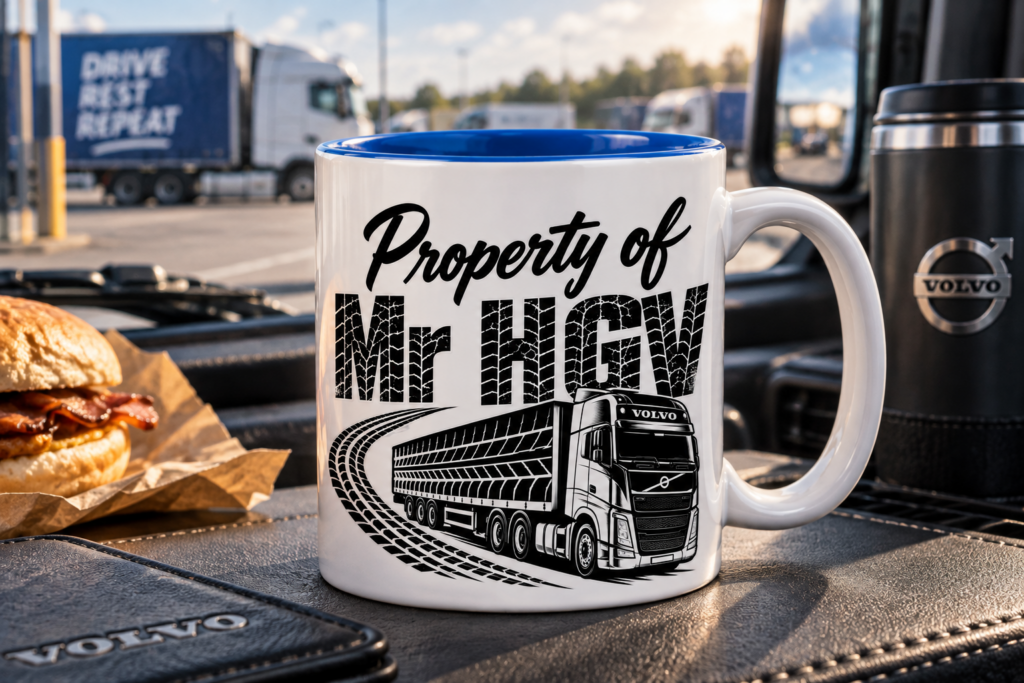 White and blue Mr HGV mug displayed on a lorry dashboard
