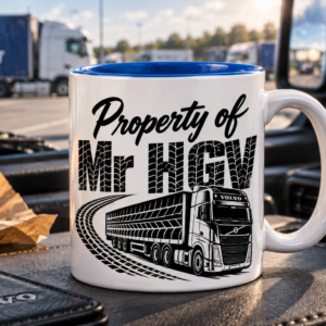 White and blue Mr HGV mug displayed on a lorry dashboard