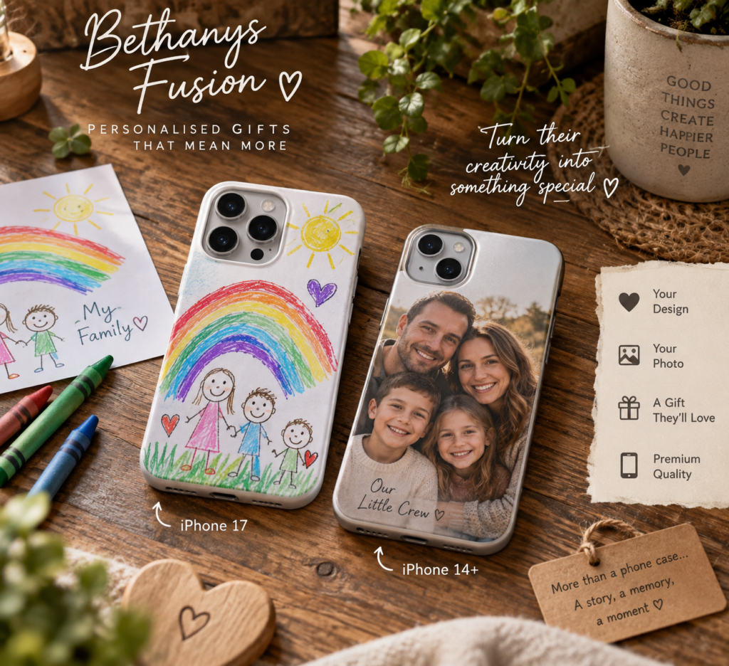 Bethanys Fusion personalised iPhone cases featuring a child's drawing and a family photograph on a rustic wooden background